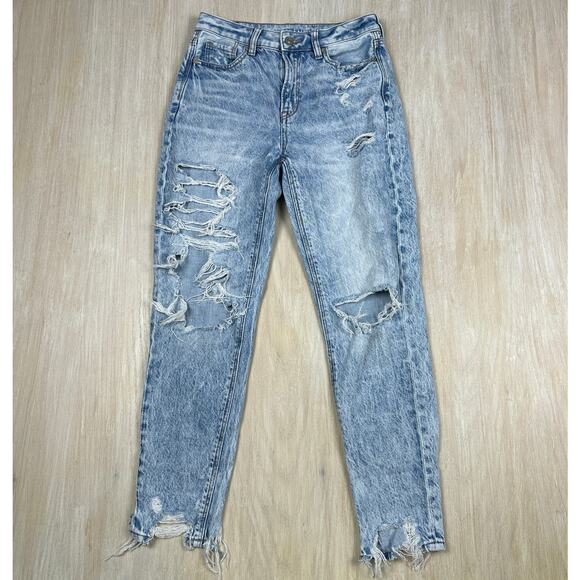 American Eagle Comfort Stretch Waistband Mom Jean Distressed Destroyed Jeans 0 - Picture 1 of 16